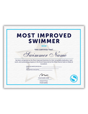 Most Improved Swimmer Certificate